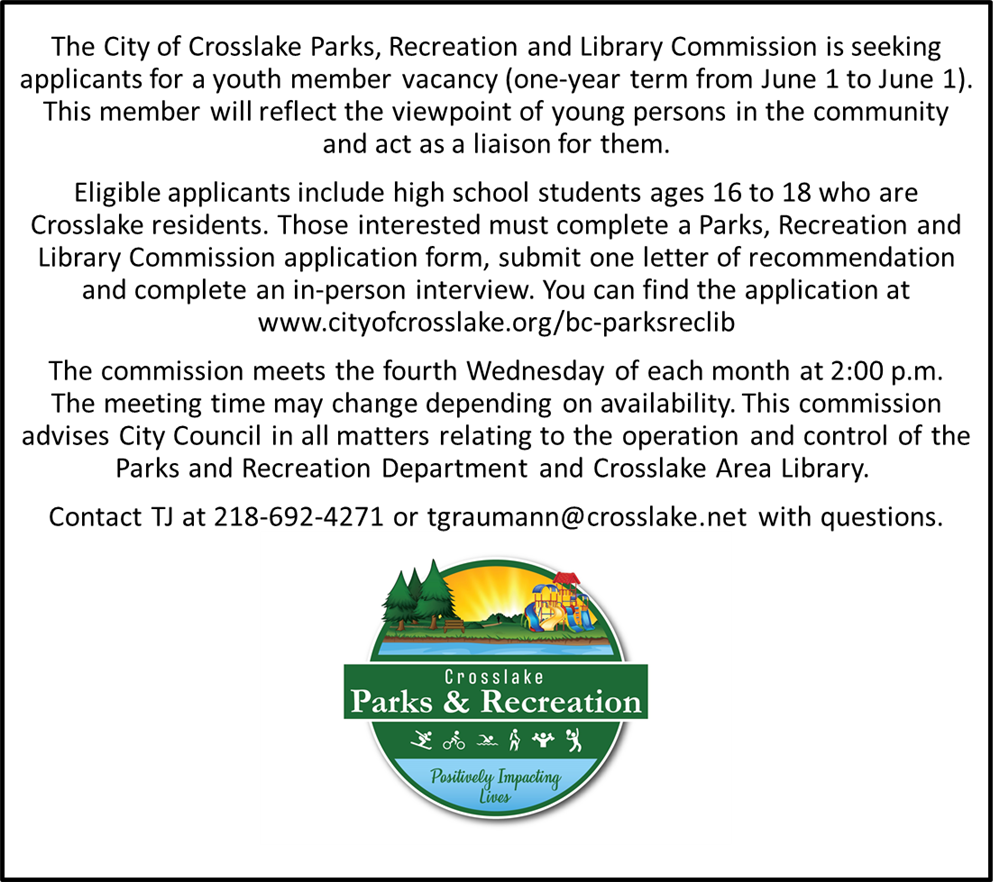City of Cross Lake - Parks, Recreation and Library Commission seeking a youth representative 